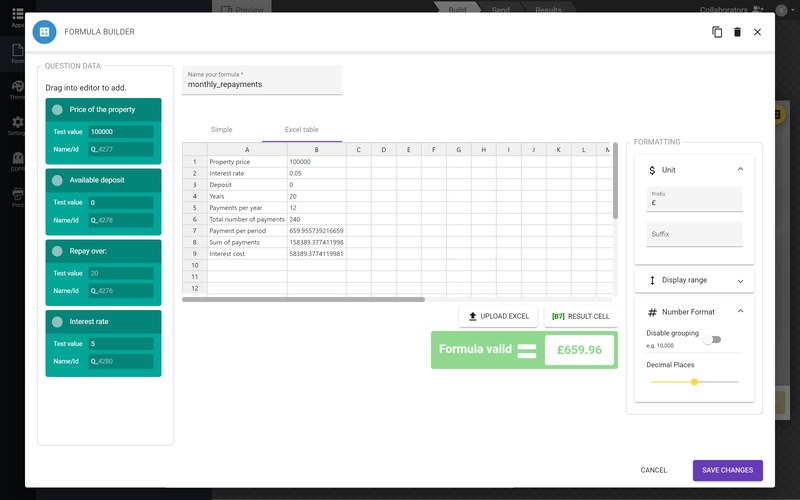 Tabla de estilo Excel para calculadoras de edificios